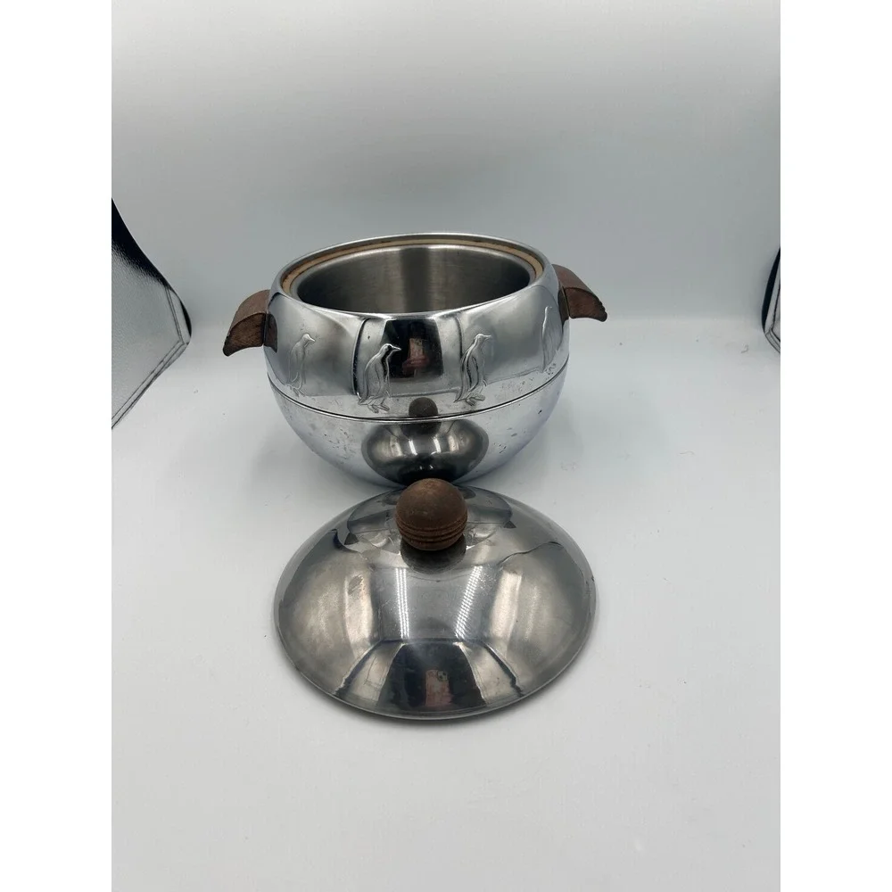 Vintage West Bend Penguin Hot Cold Server Chrome Ice Bucket Wood Handles MCM